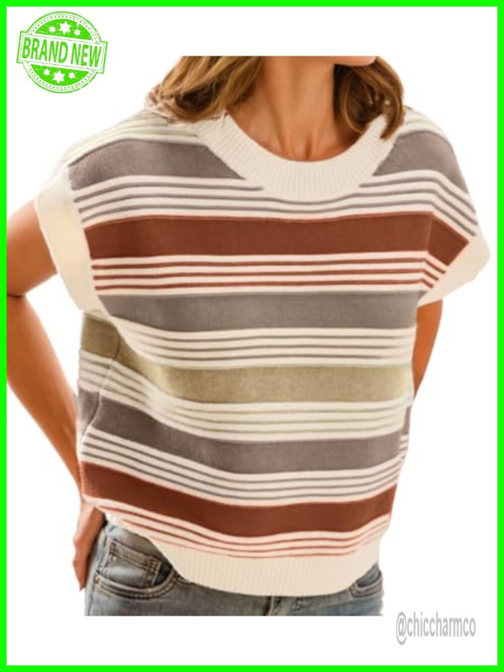 Womens Striped Cap Sleeve Sweater Vest Loose Knit Tank Top